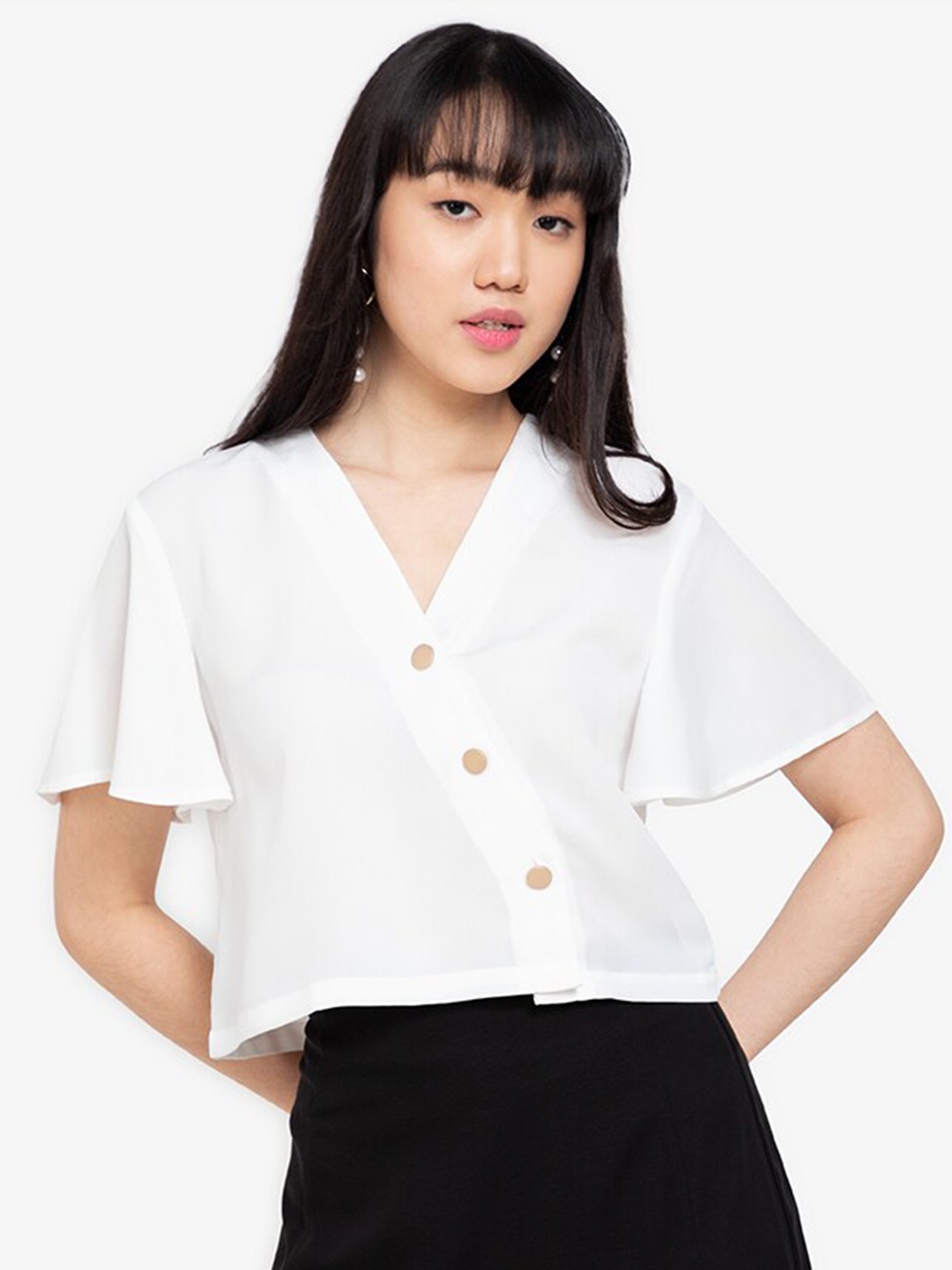 

ZALORA BASICS White Solid Flutter Sleeves V-Neck Top