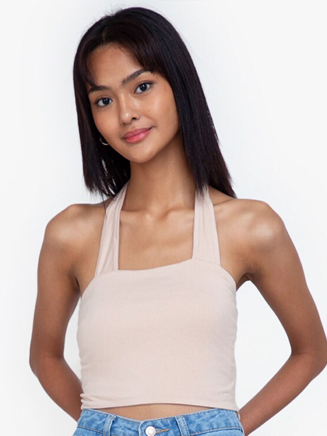 

ZALORA BASICS Women Beige Halter Neck Crop Top