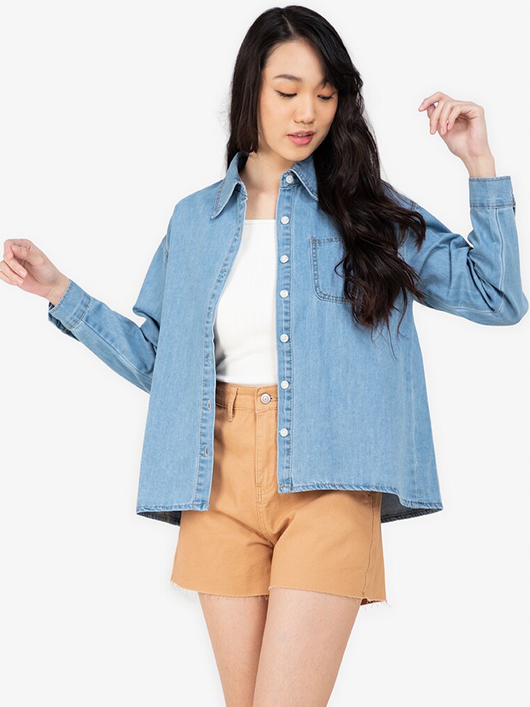 

ZALORA BASICS Women Blue Solid Shirt Collar Denim Shirt Style Top
