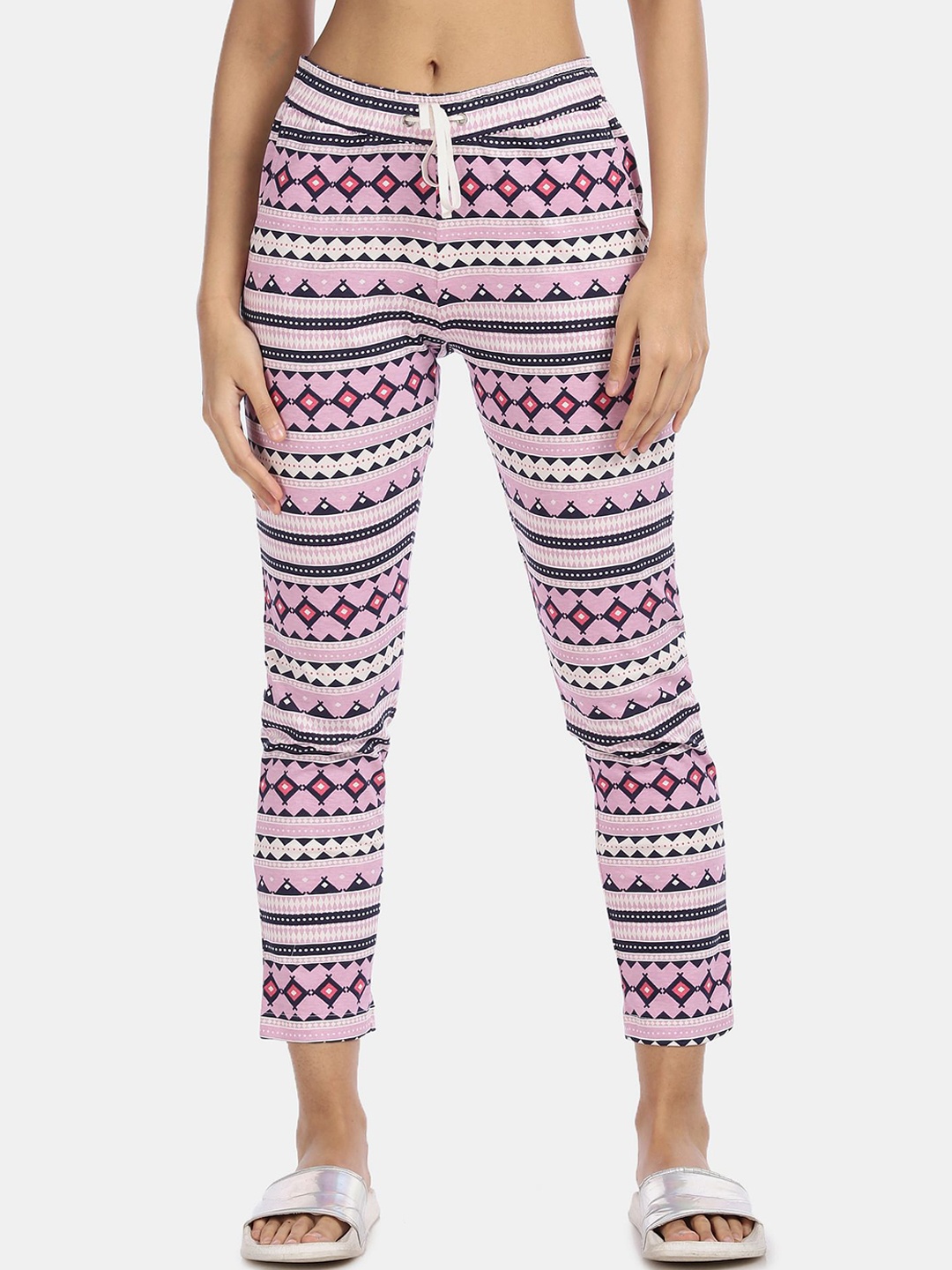 

Sugr Women Pink Cotton Printed Women Pink Elasticized Mid Rise Trousers