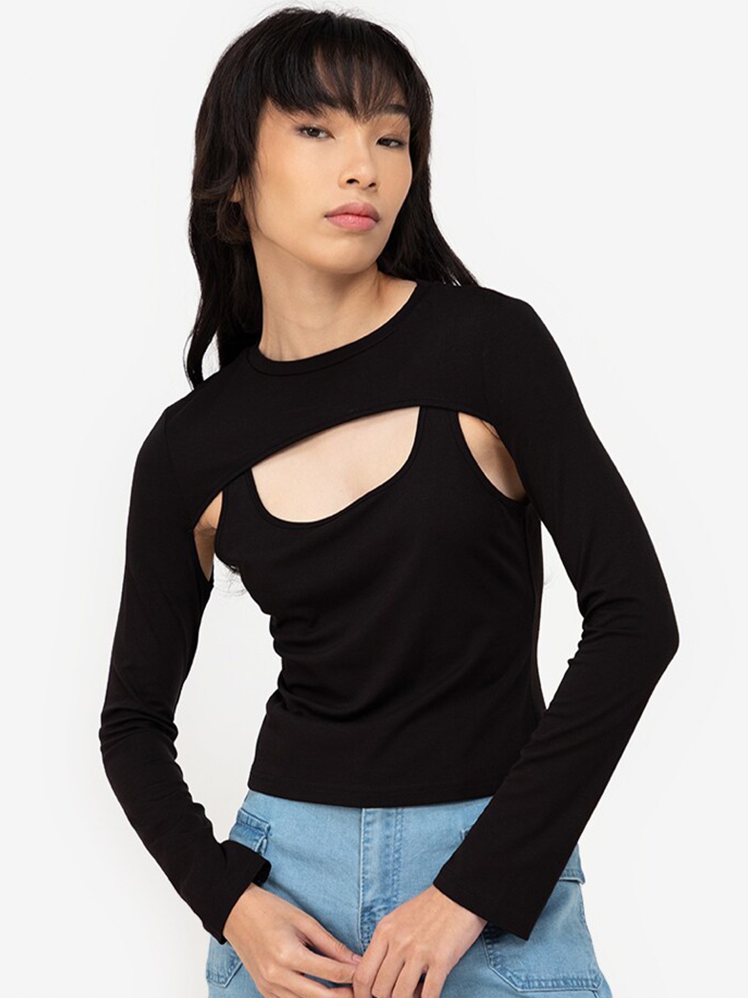 

ZALORA BASICS Black Cut Out Long Sleeve Top