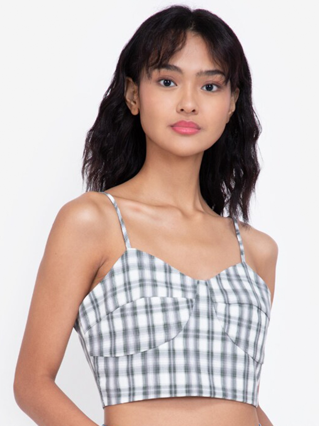 

ZALORA BASICS Women Black & White Checked Shoulder Strap Regular Crop Top