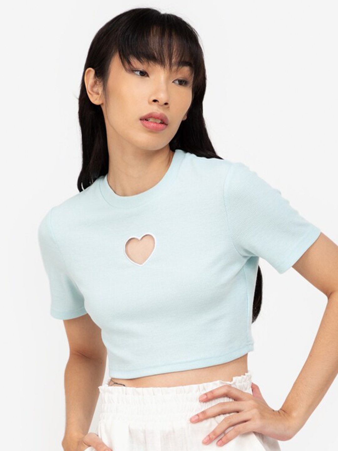 

ZALORA BASICS Blue Solid Heart Cut Out Crop Top