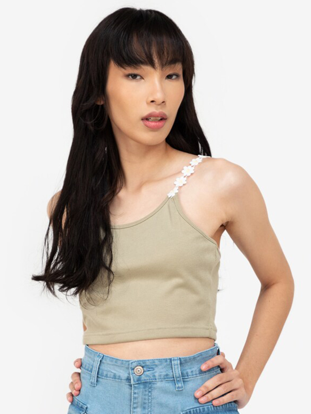 

ZALORA BASICS Olive Green Tank Floral Trim Crop Top