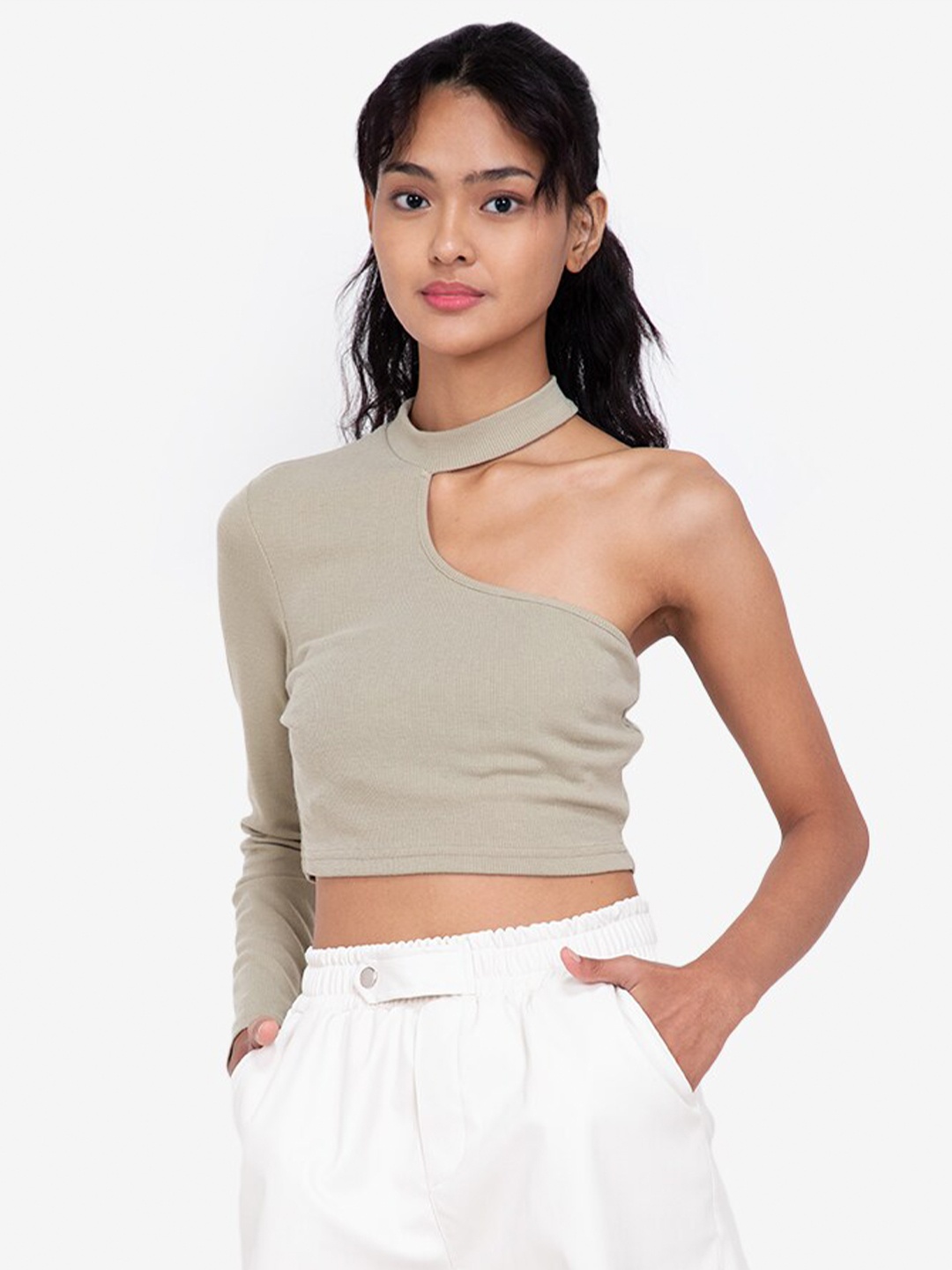 

ZALORA BASICS Green One Shoulder Crop Top