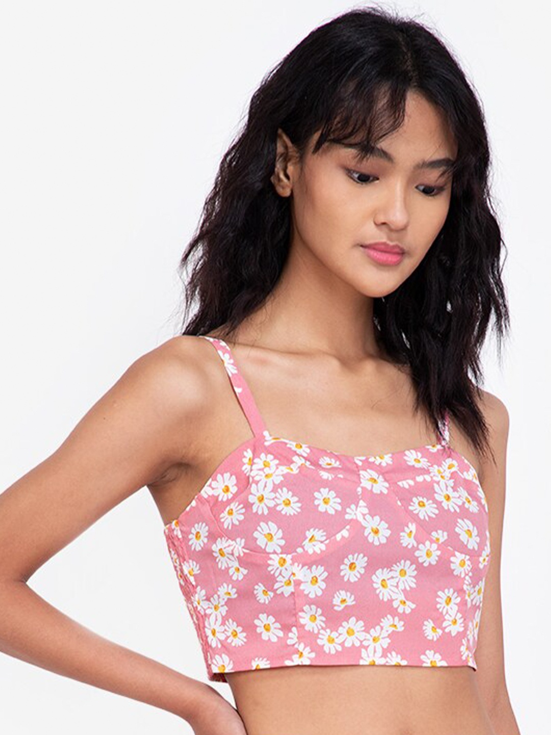 

ZALORA BASICS Pink & White Floral Print Bralette Crop Top
