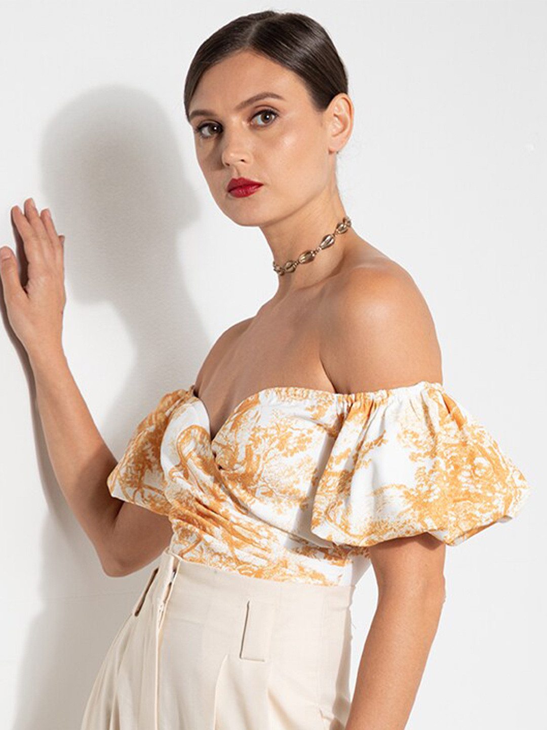 

ZALORA OCCASION Women Mustard Yellow & White Print Off-Shoulder Wrap Crop Top