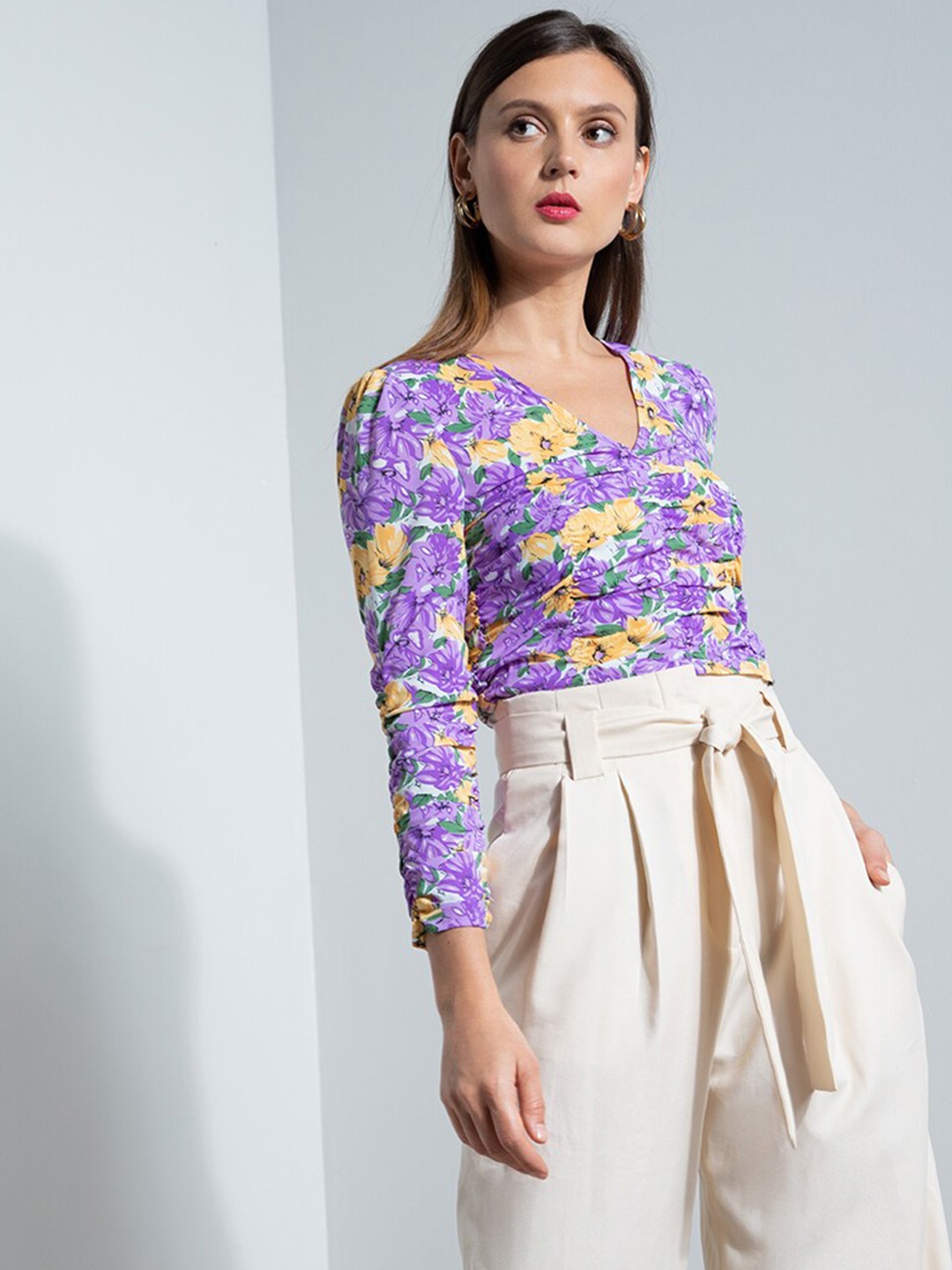 

ZALORA OCCASION Purple & Yellow Ruched Floral Print Top