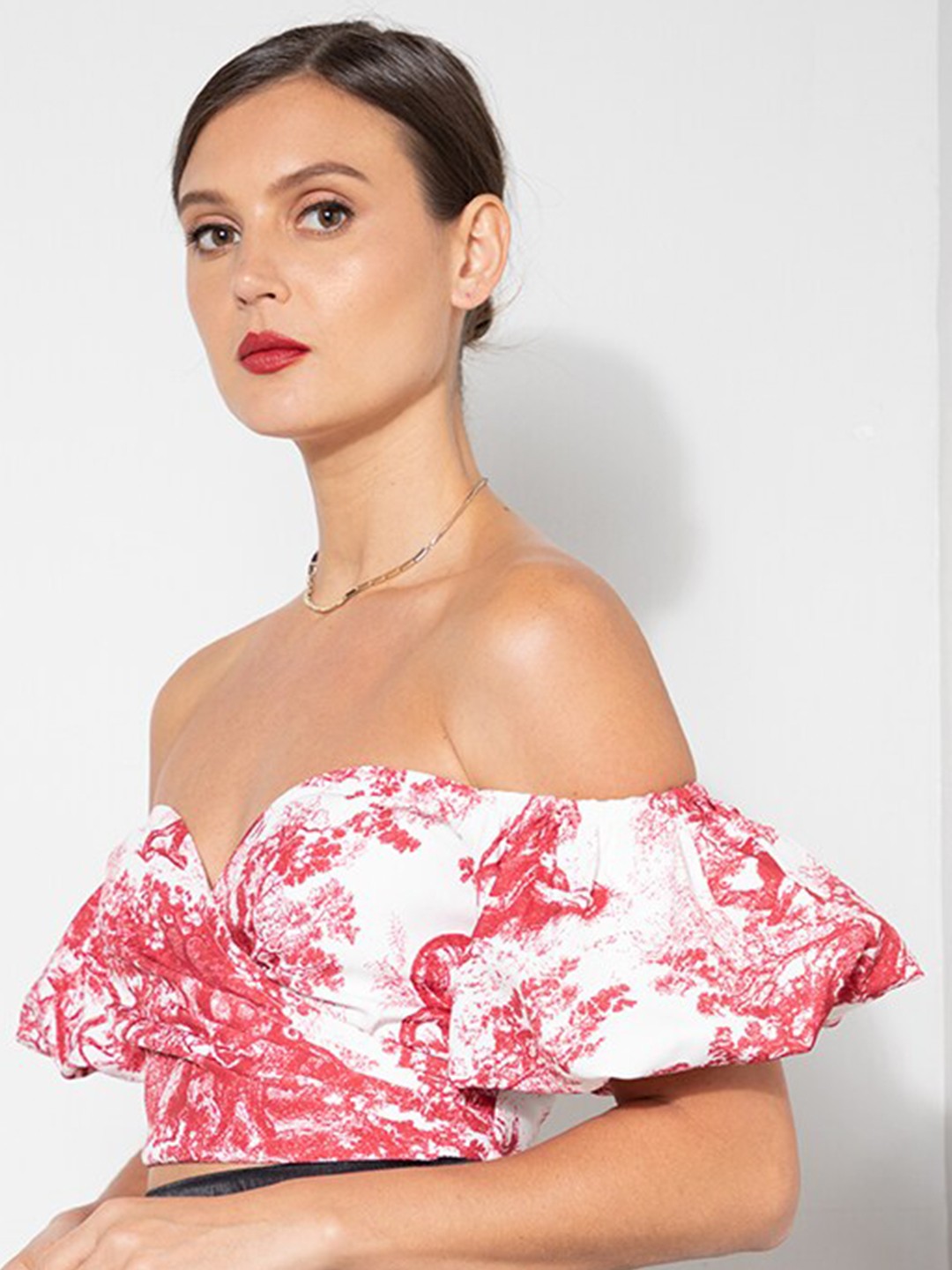 

ZALORA OCCASION Red & White Print Off-Shoulder Bardot Crop Top