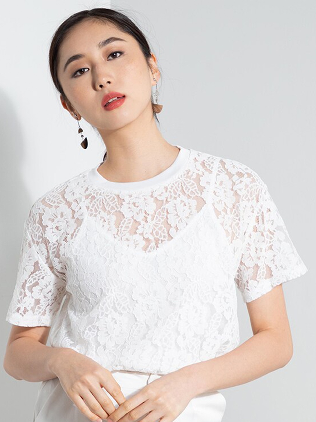 

ZALORA OCCASION White Short Sleeves Lace Top