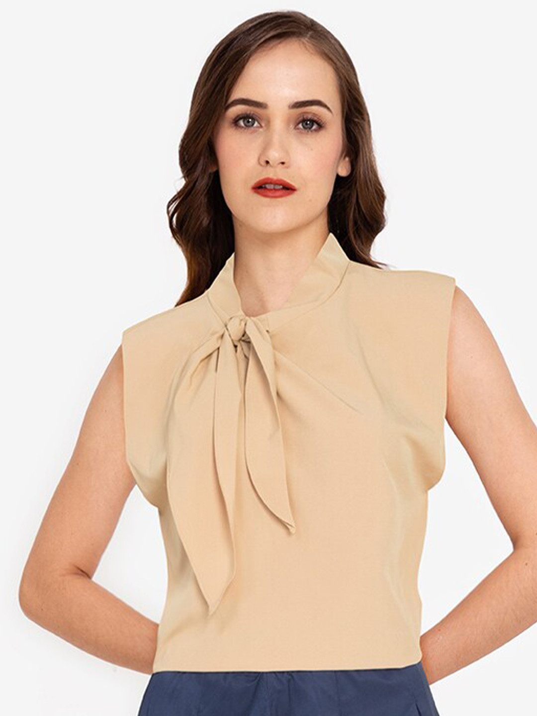 

ZALORA WORK Women Brown Solid Tie-Up Neck Top