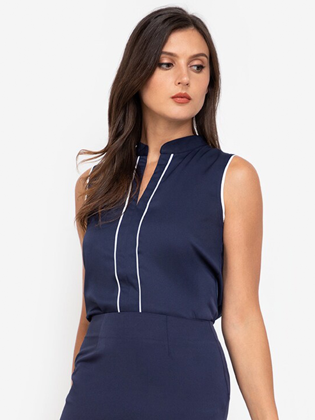 

ZALORA WORK Women Navy Blue Mandarin Collar Top