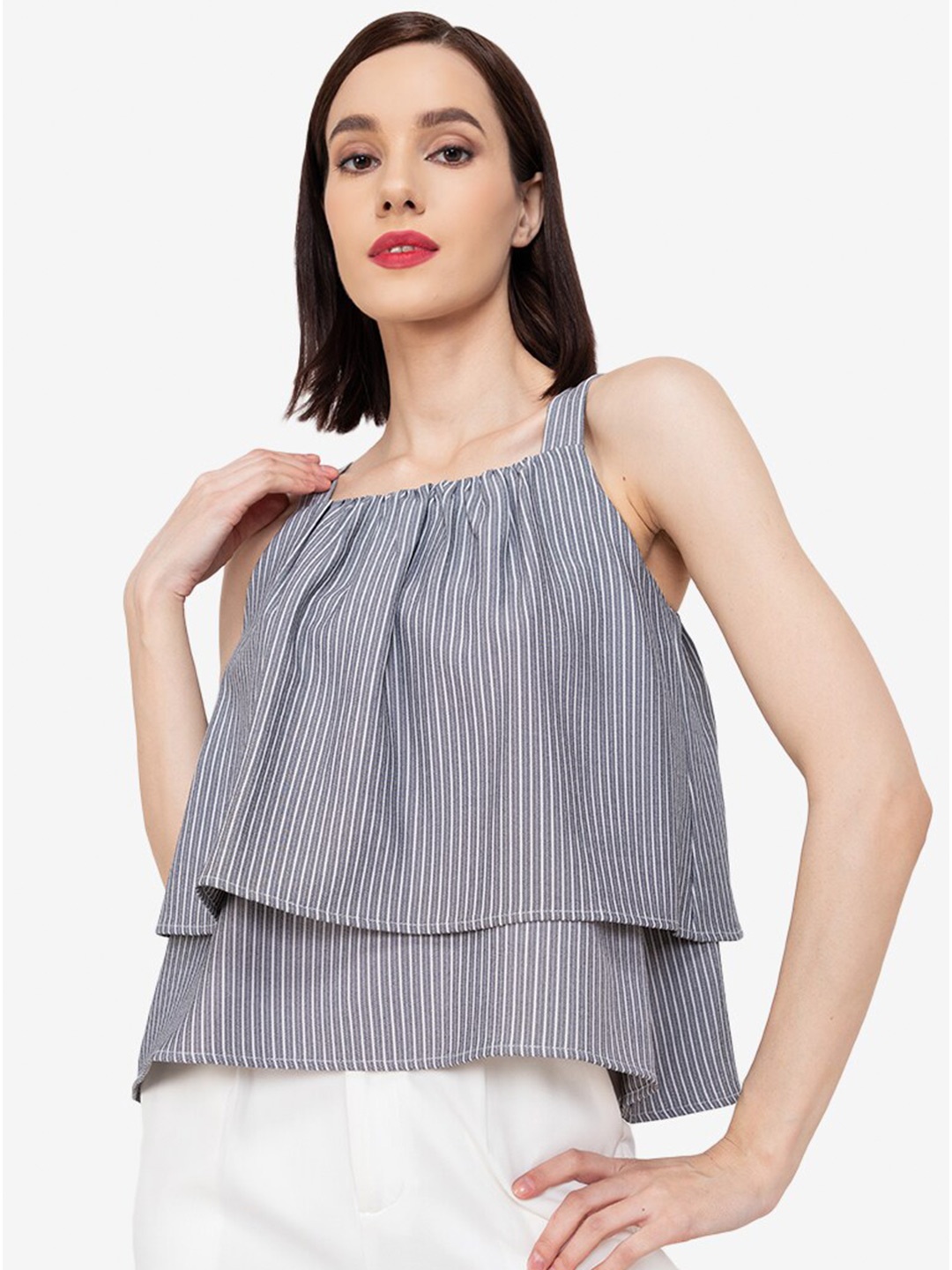 

ZALORA WORK Grey & White Striped Nursing Square Neck A-line Top