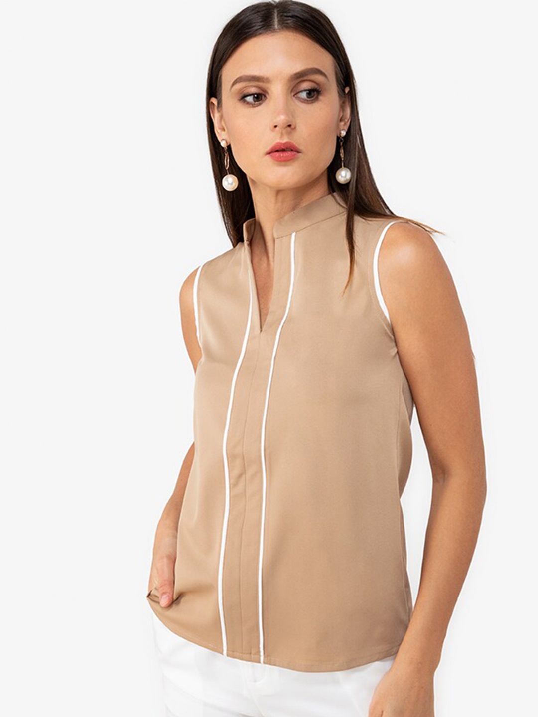 

ZALORA WORK Women Beige & White Mandarin Collar Top