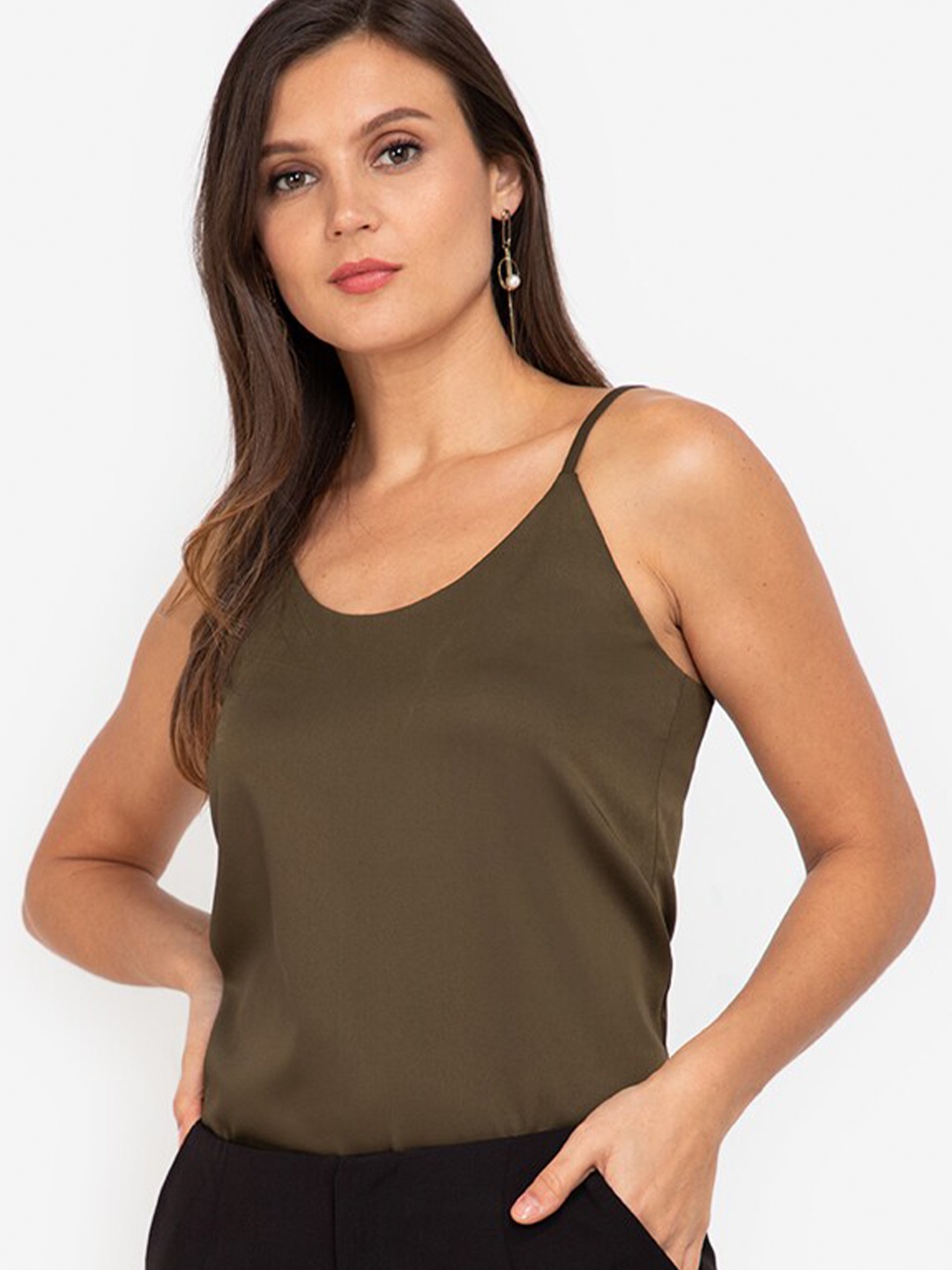 

ZALORA WORK Women Olive Green Solid Scoop Neck Cami Top