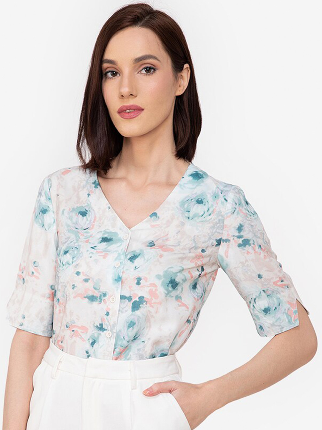 

ZALORA WORK Women White & Turquoise Blue Print Top