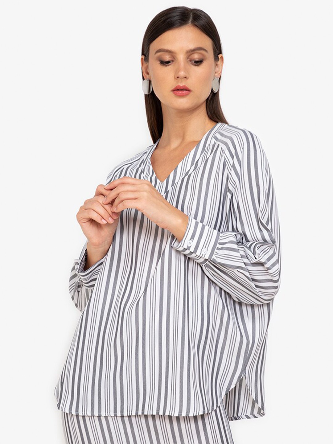 

ZALORA WORK White & Grey Striped V Neck Top