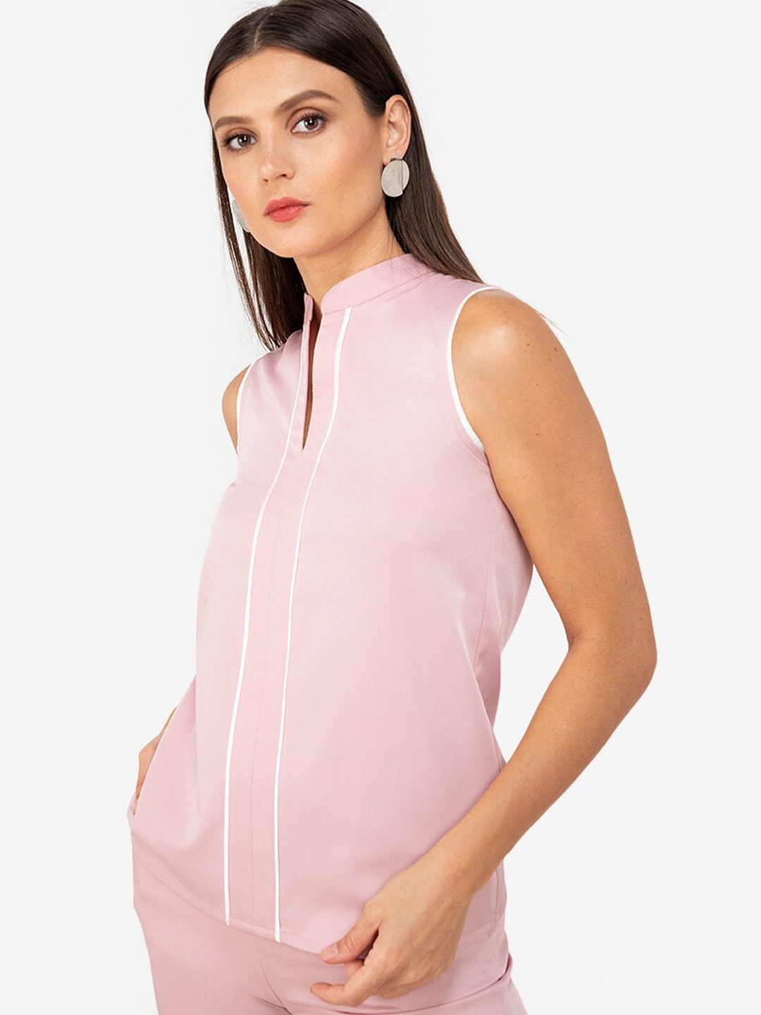 

ZALORA WORK Women Pink & White Mandarin Collar Top