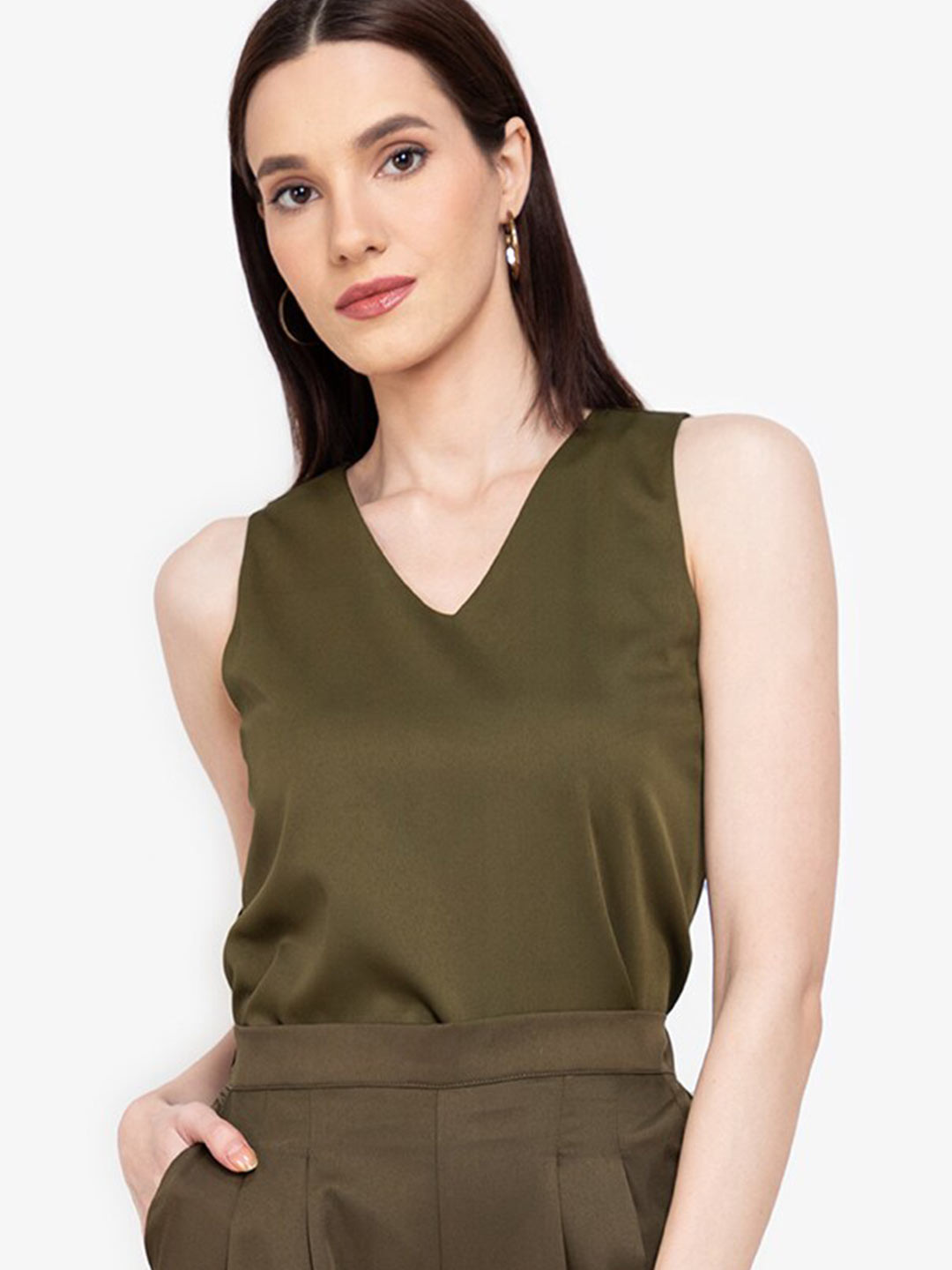 

ZALORA WORK Green Solid V Neck Top