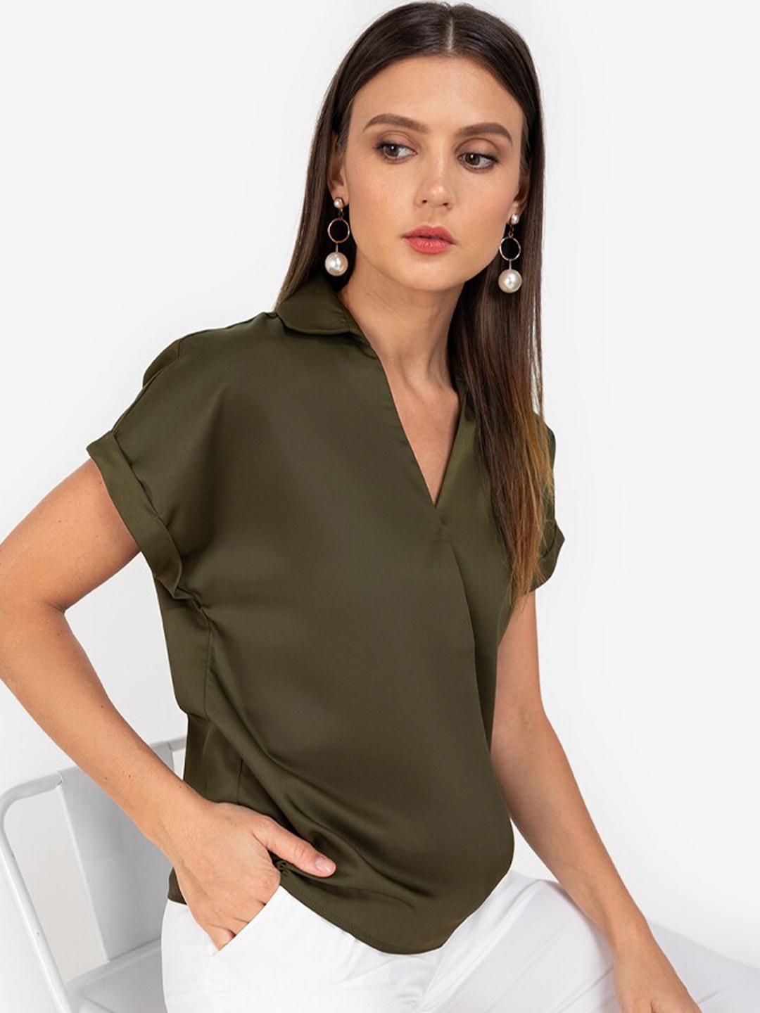 

ZALORA WORK Women Green Solid Extended Sleeves Shirt Style Top
