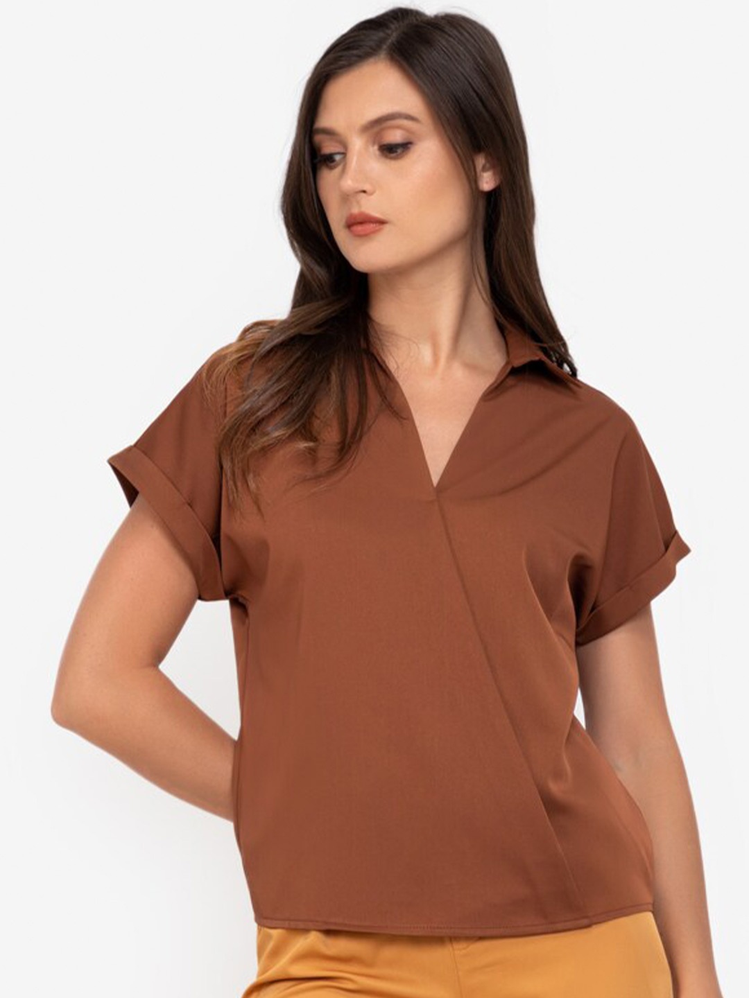

ZALORA WORK Women Brown Solid Extended Sleeves Shirt Style Top
