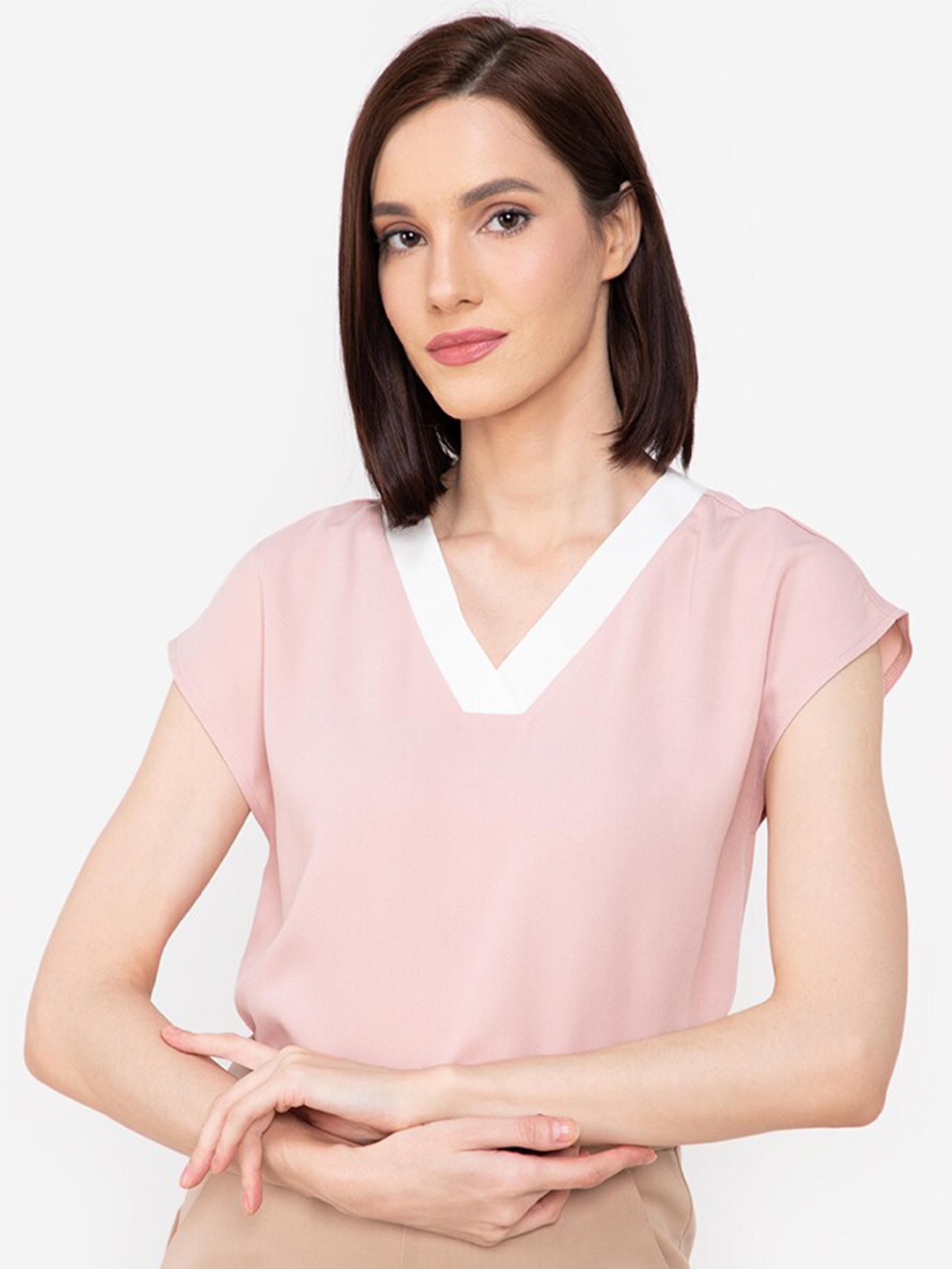

ZALORA WORK Women Pink & White Solid Top