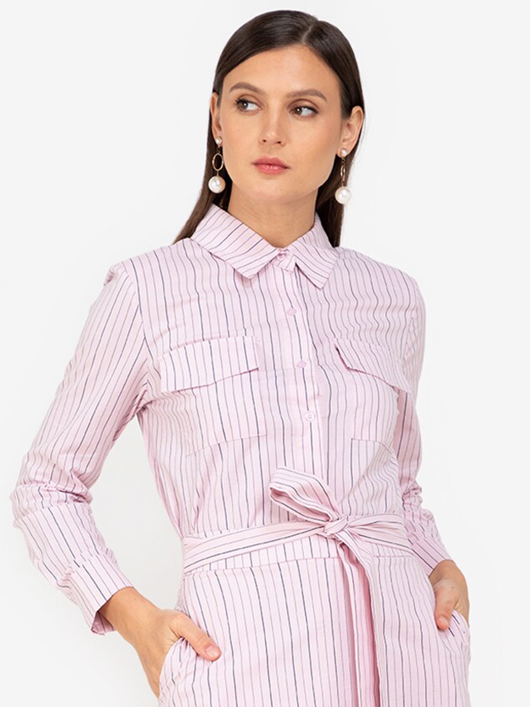 

ZALORA WORK Women Pink & Grey Striped Shirt Style Top