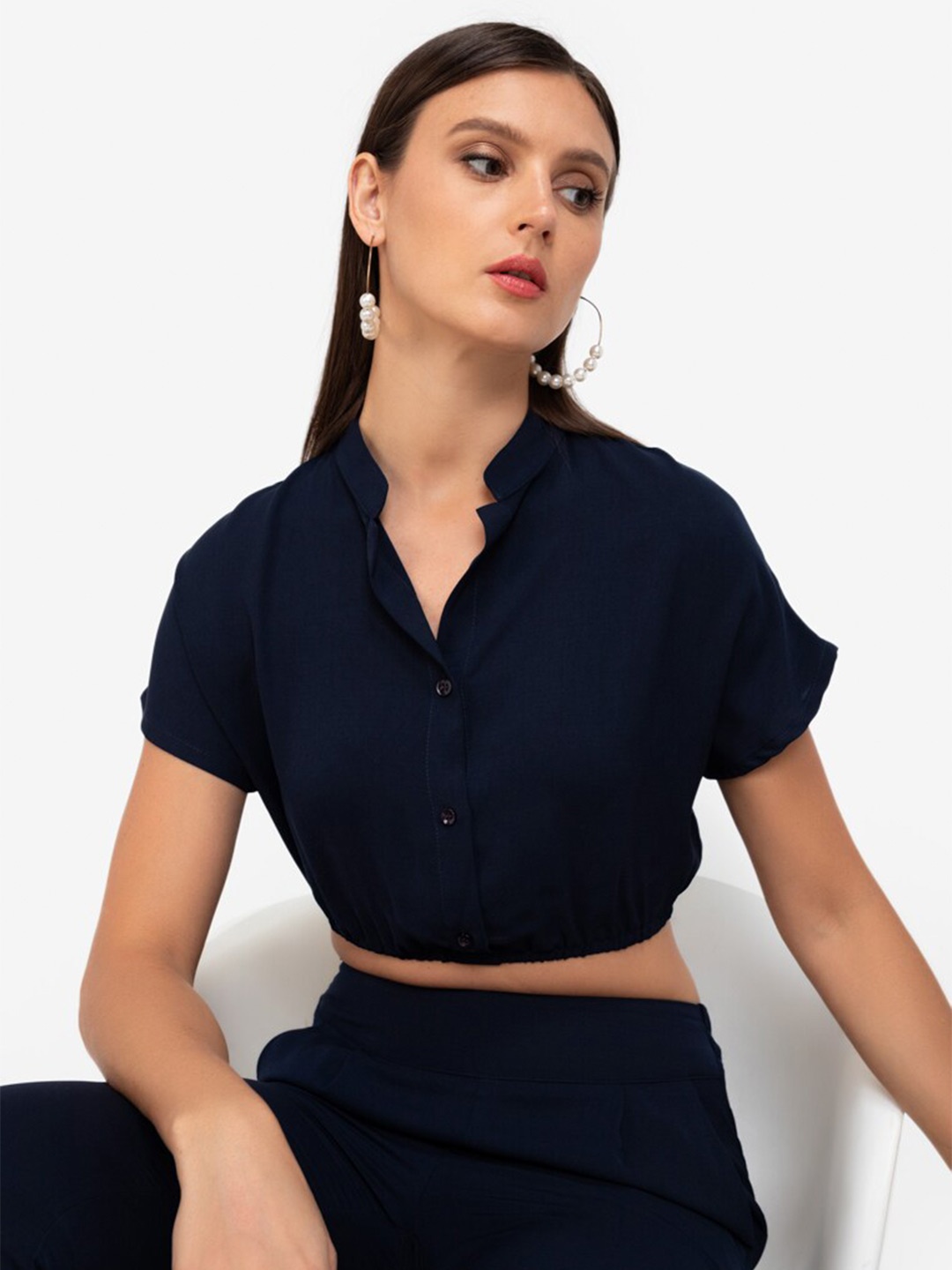 

ZALORA WORK Women Navy Blue Mandarin Collar Crop Top