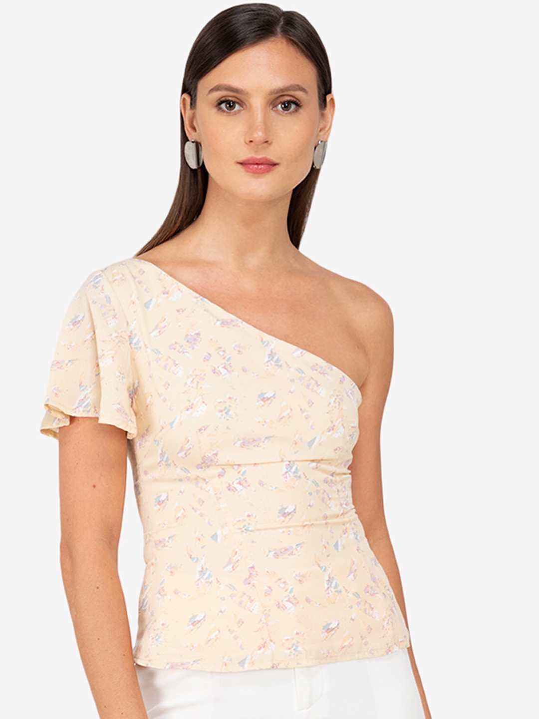 

ZALORA WORK Beige Printed Flutter Sleeved One Shoulder Top