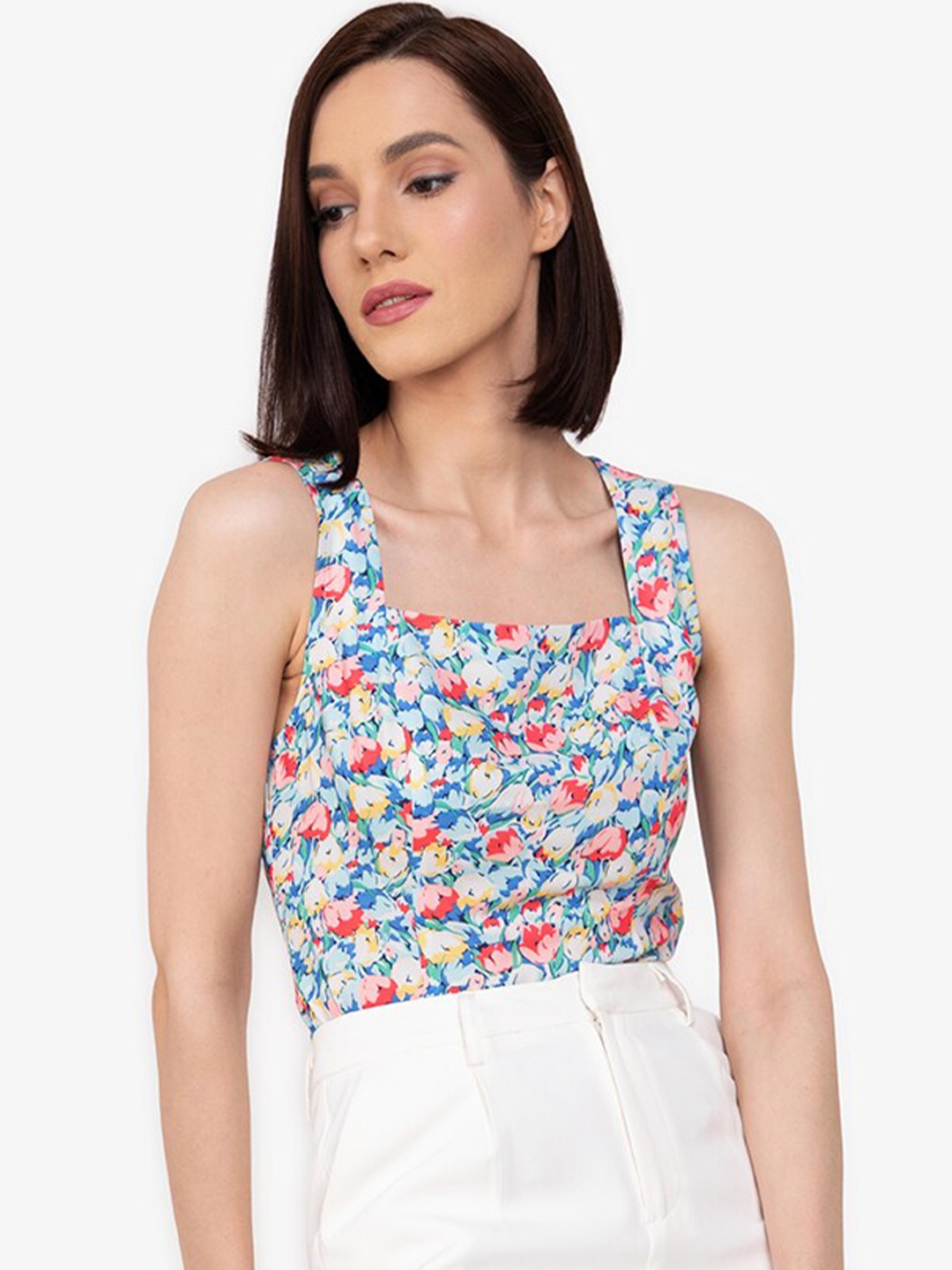 

ZALORA WORK Women White & Blue Floral Print Top