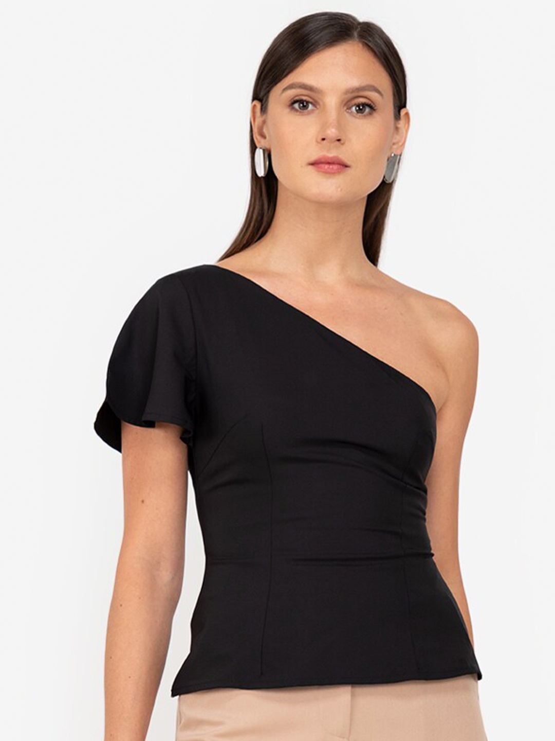 

ZALORA WORK Black One Shoulder Flutter Sleeve Toga Top
