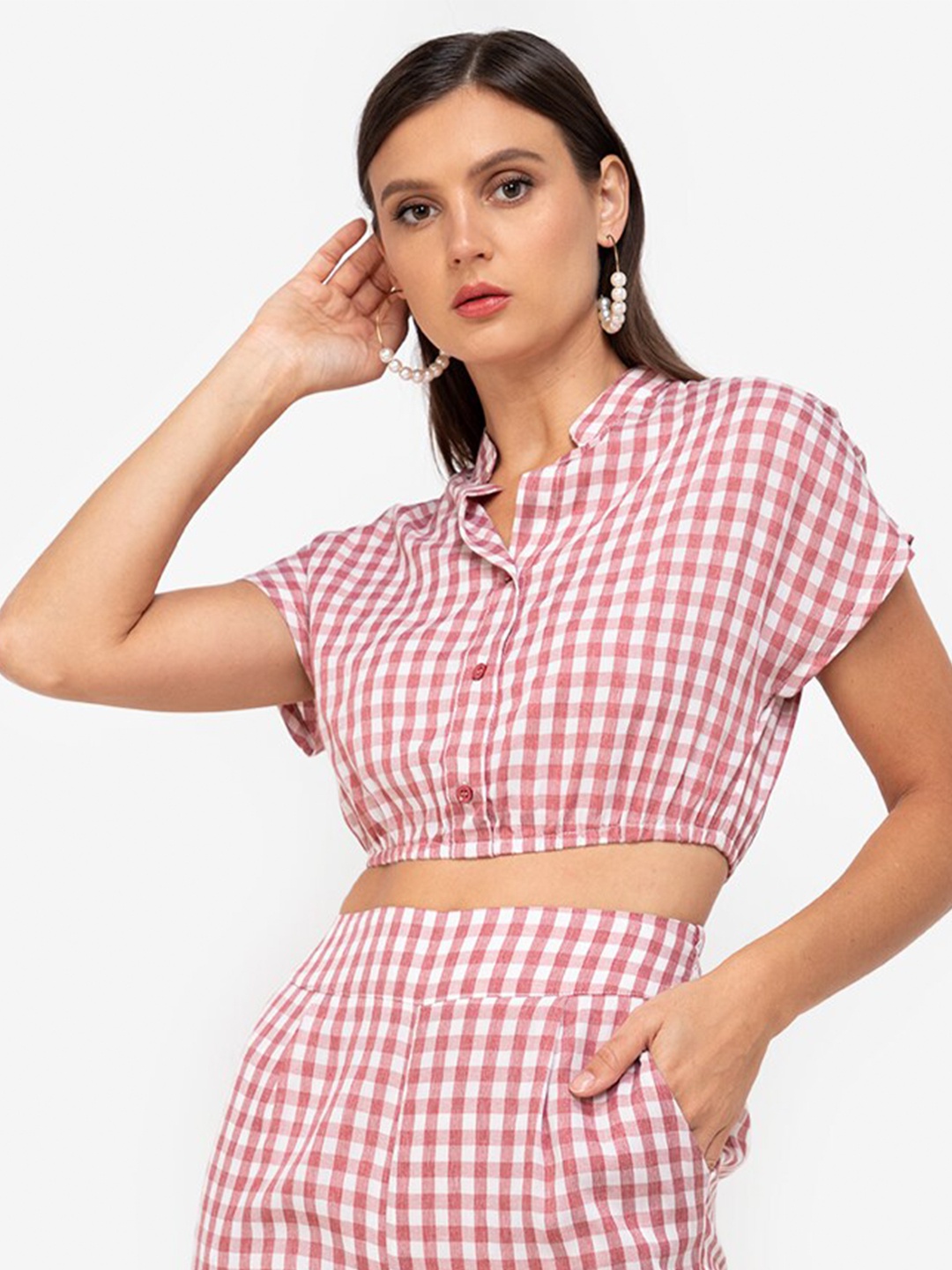 

ZALORA WORK Women White & Red Checked Mandarin Collar Crop Top