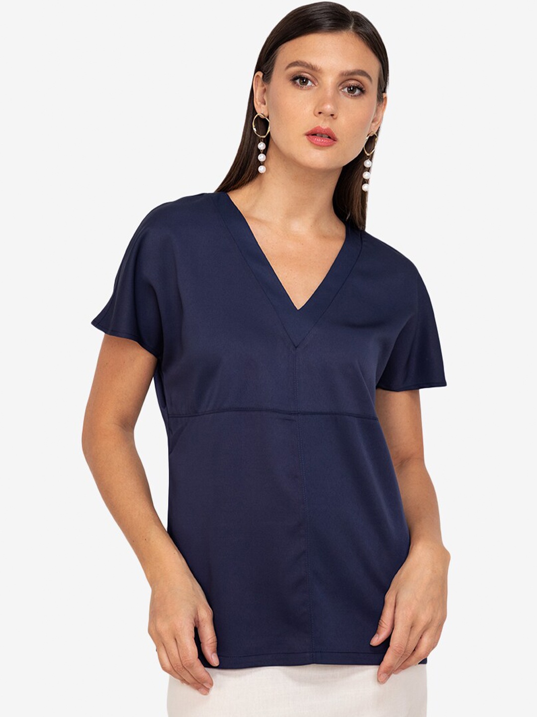 

ZALORA WORK Women Navy Blue Solid Extended Sleeves Top