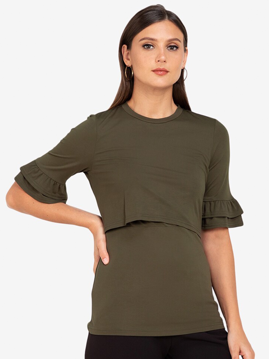 

ZALORA WORK Women Green Solid Flared Sleeves Top