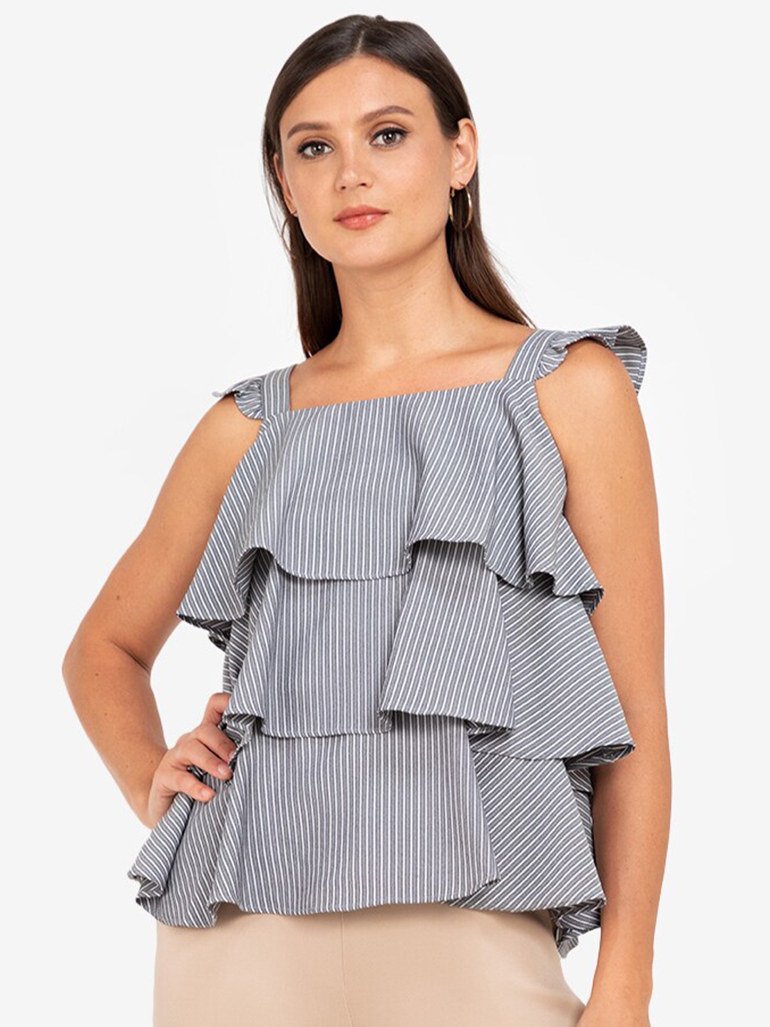 

ZALORA WORK Grey & White Striped Nursing Ruffles Layered Top
