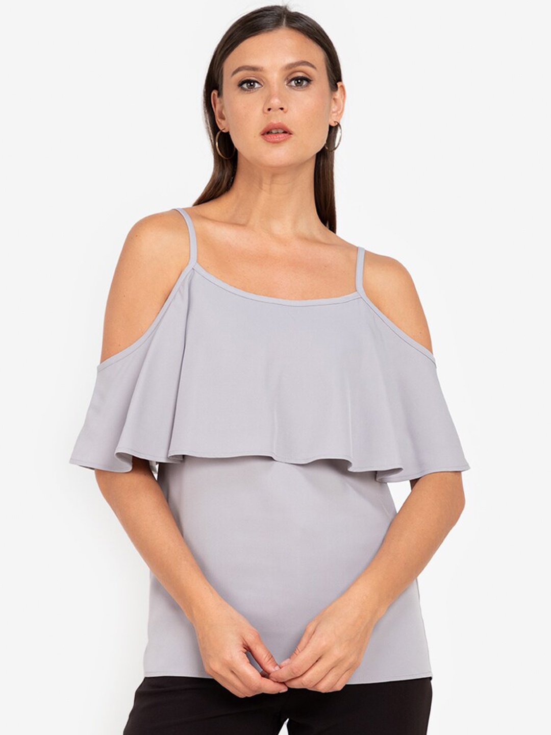 

ZALORA WORK Women Grey Solid Cold-Shoulder Sleeves Top
