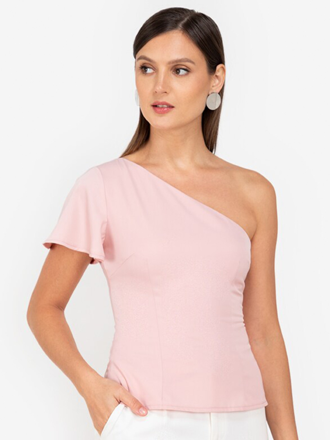 

ZALORA WORK Women Pink Solid One Shoulder Top