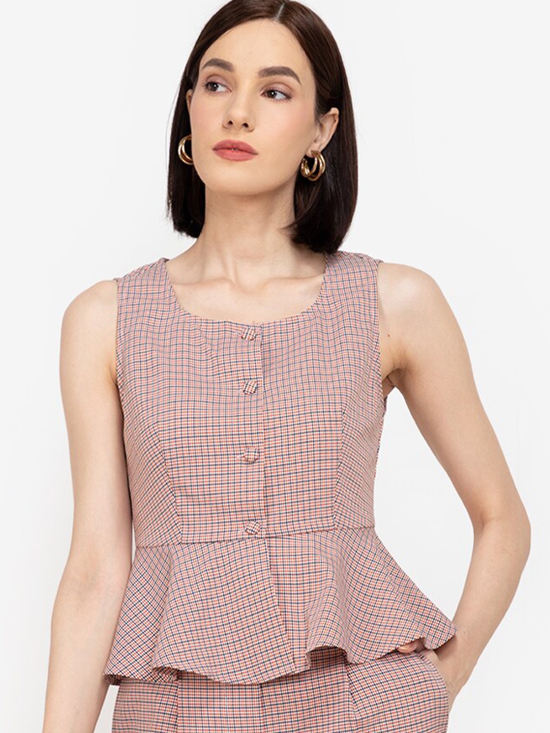 

ZALORA WORK Women Peach-Coloured & Blue Checked Peplum Top