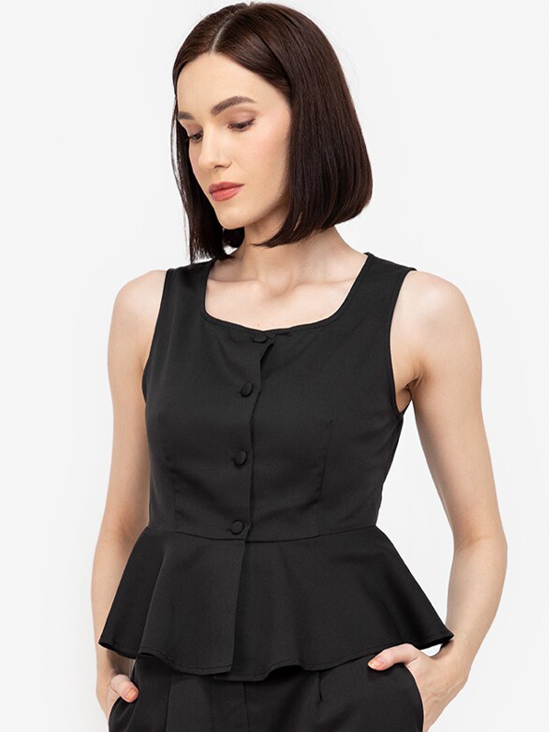 

ZALORA WORK Women Black Solid Peplum Top