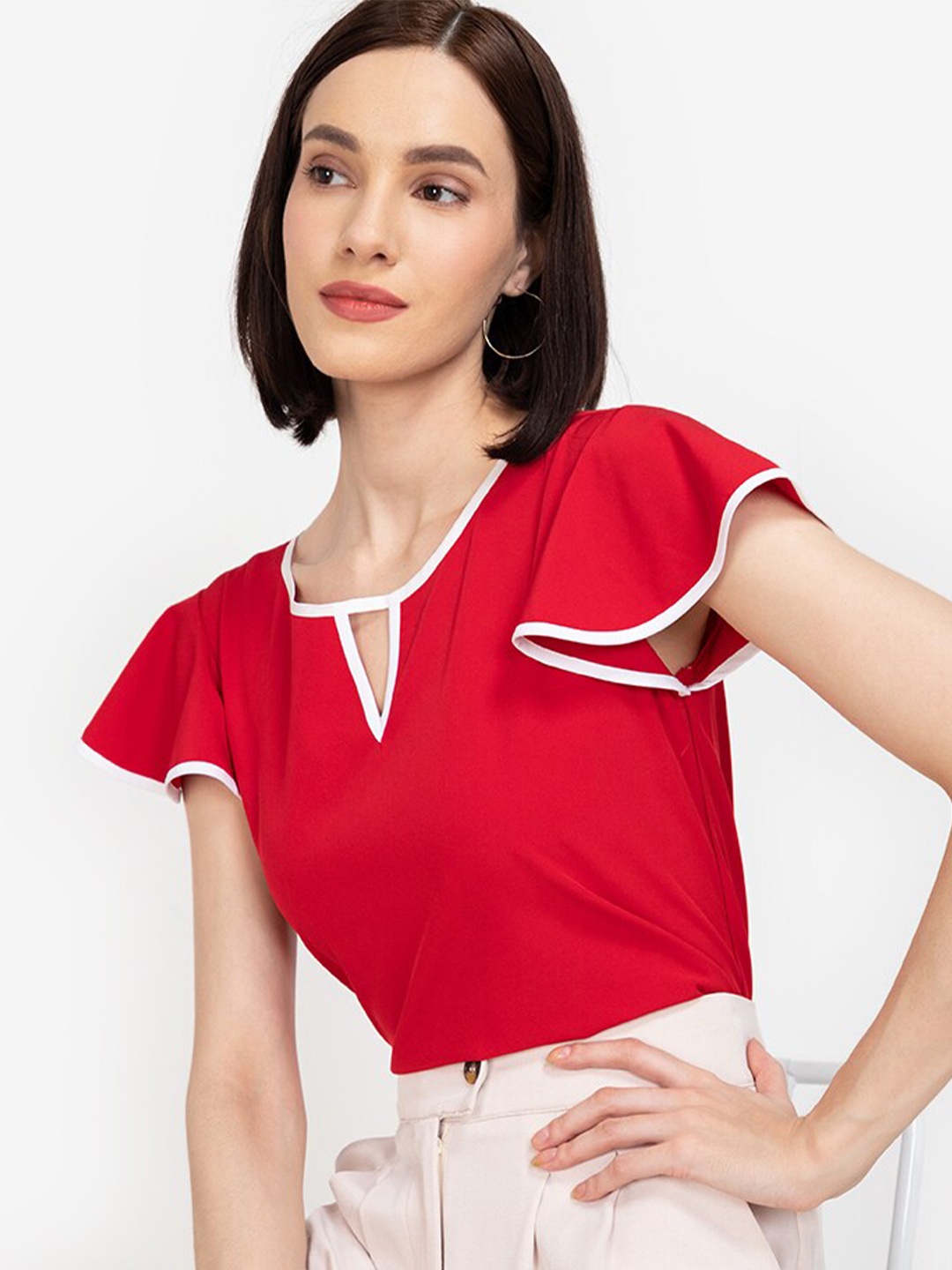 

ZALORA WORK Women Red & White Keyhole Neck Top