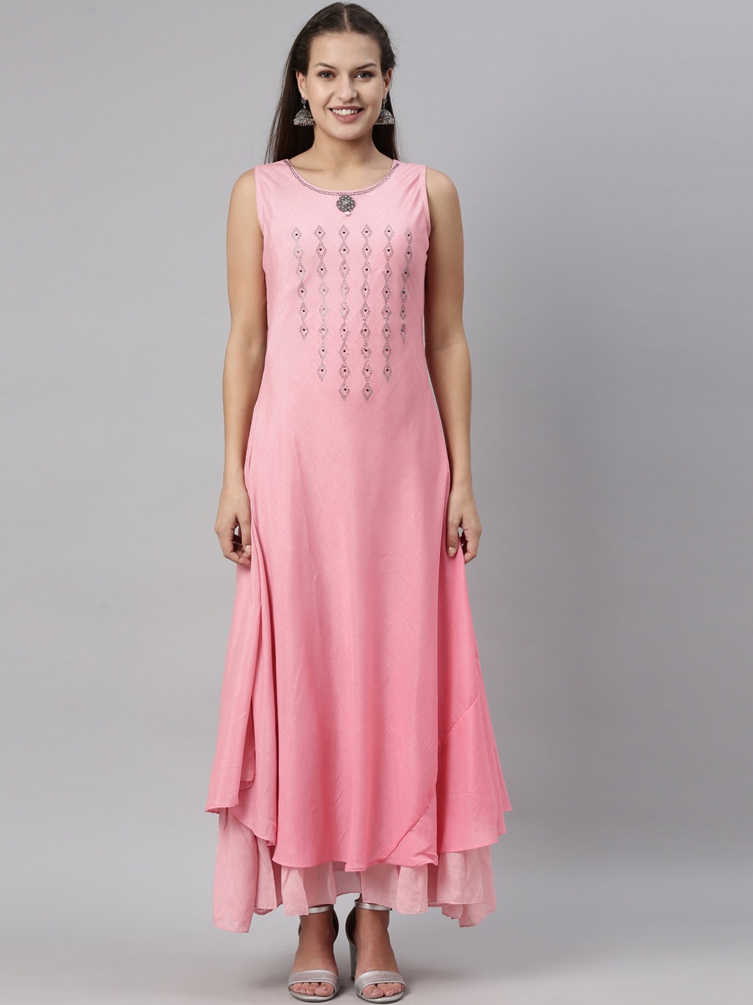 

Neerus Women Pink Embellished Neckline A-Line Kurta