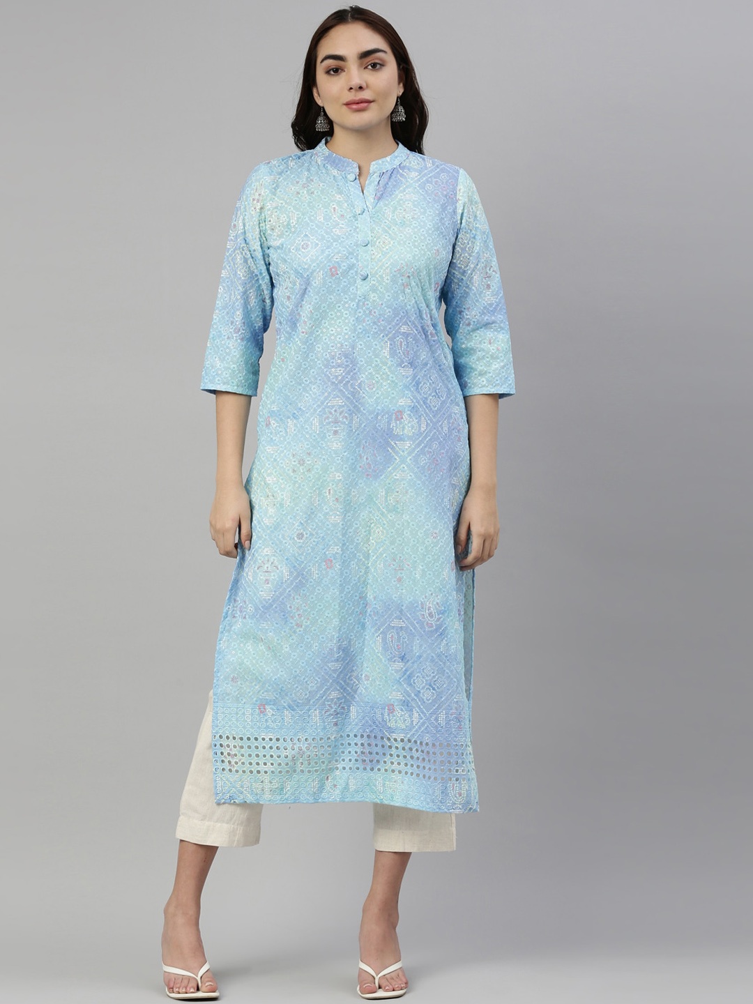 

Neerus Women Turquoise Blue Printed Floral Kurta