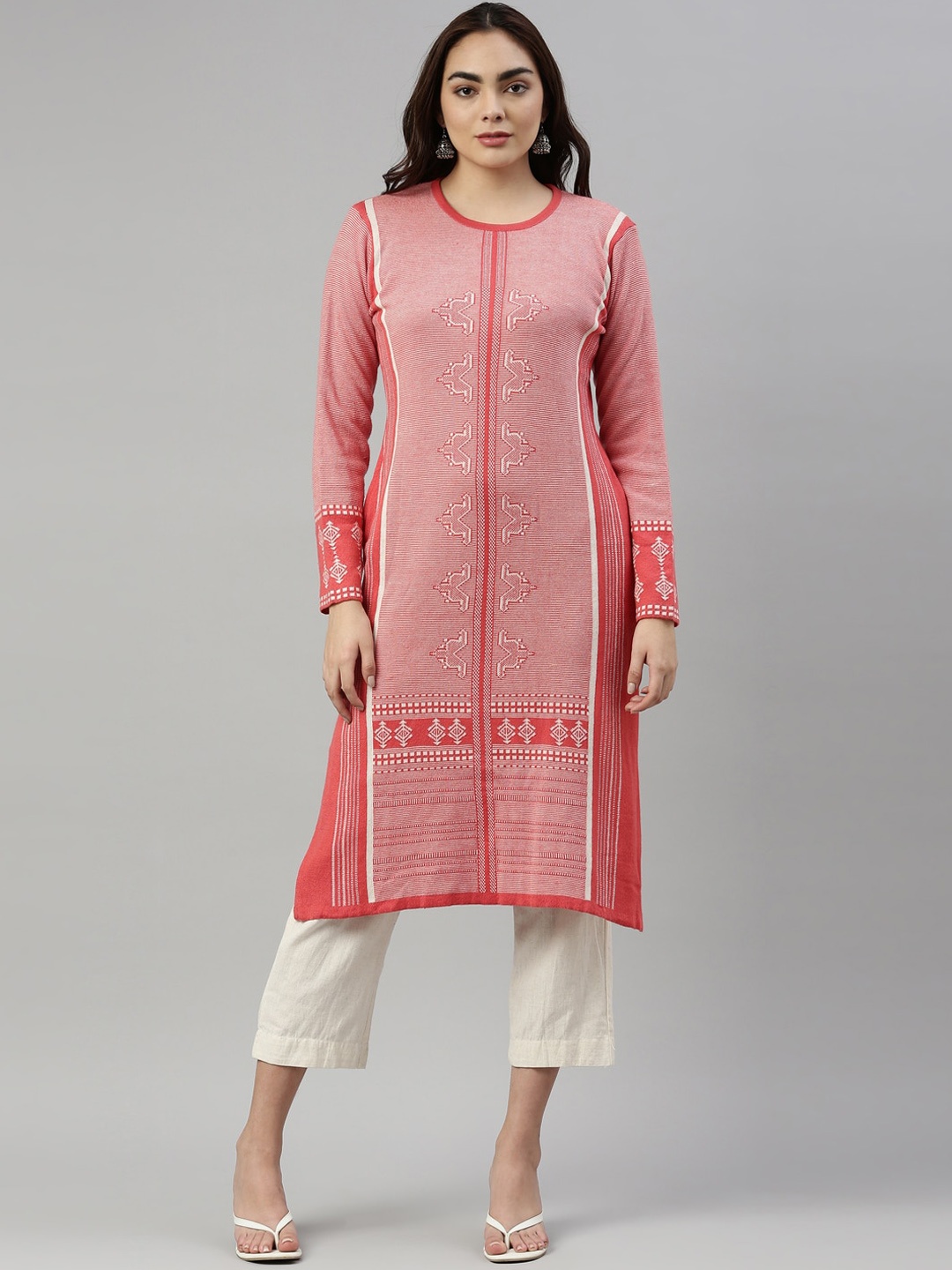 

Neerus Women Orange Geometric Striped Thread Work Kurta
