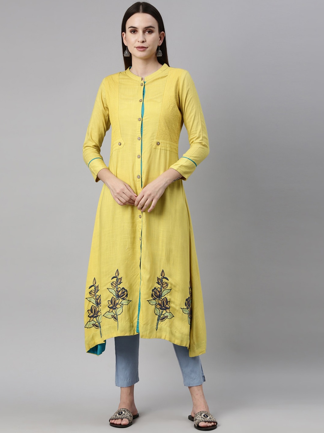 

Neerus Women Mustard Yellow Floral Embroidered Thread Work Kurta