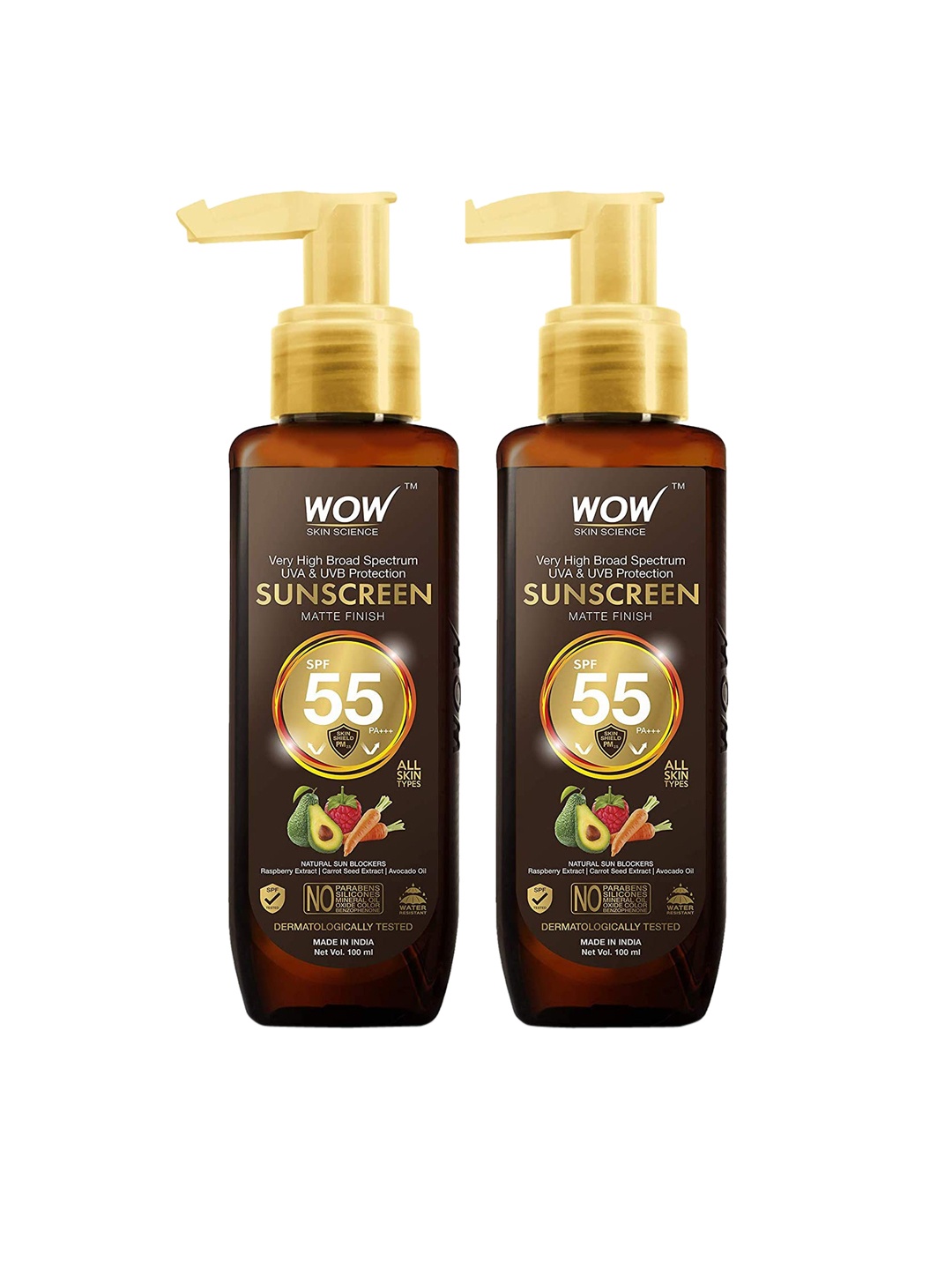 

WOW SKIN SCIENCE Set of 2 Matte Finish SPF 55 Sunscreen with Carrot Seed 100 ml each, Brown