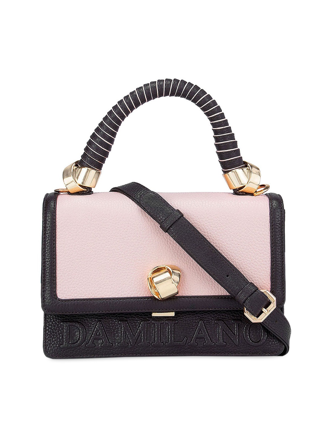 

Da Milano Pink Colourblocked Leather Structured Satchel with Cut Work