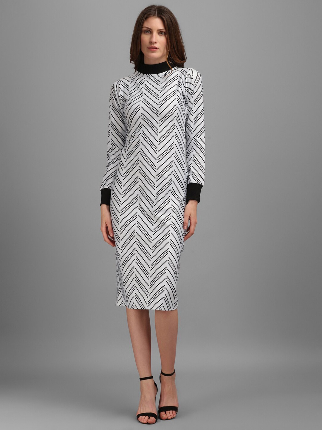 

PURVAJA White & Black Sheath Midi Bodycon Dress