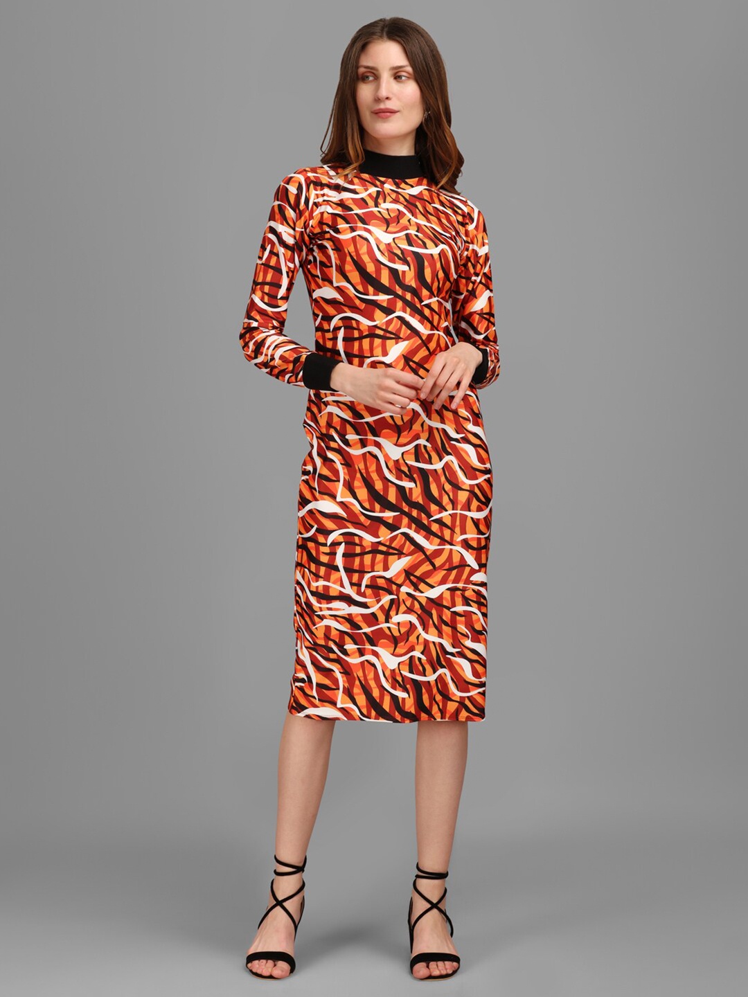 

PURVAJA Orange High neck Bodycon Dress