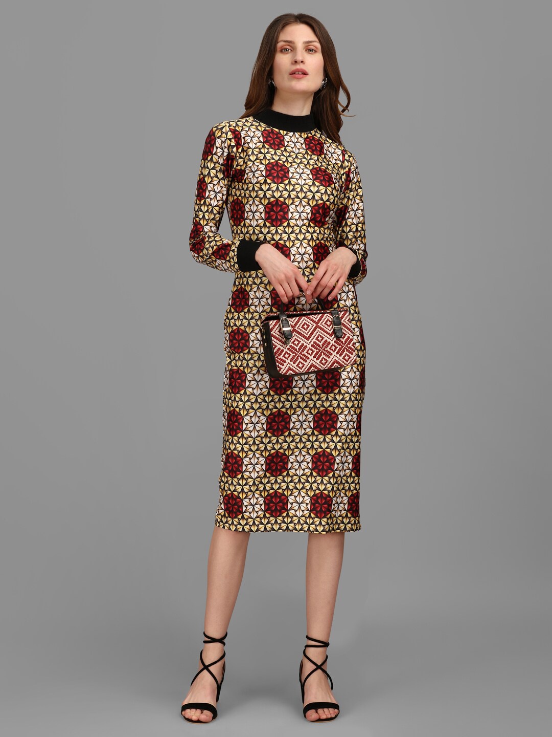 

PURVAJA Maroon & Yellow Sheath Midi Dress