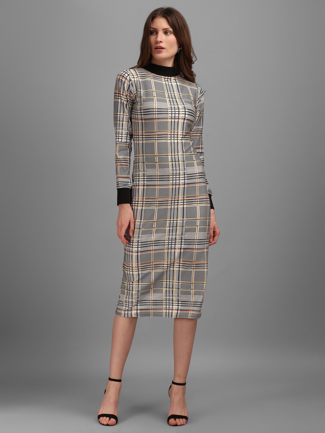 

PURVAJA Beige Checked Sheath Midi Dress